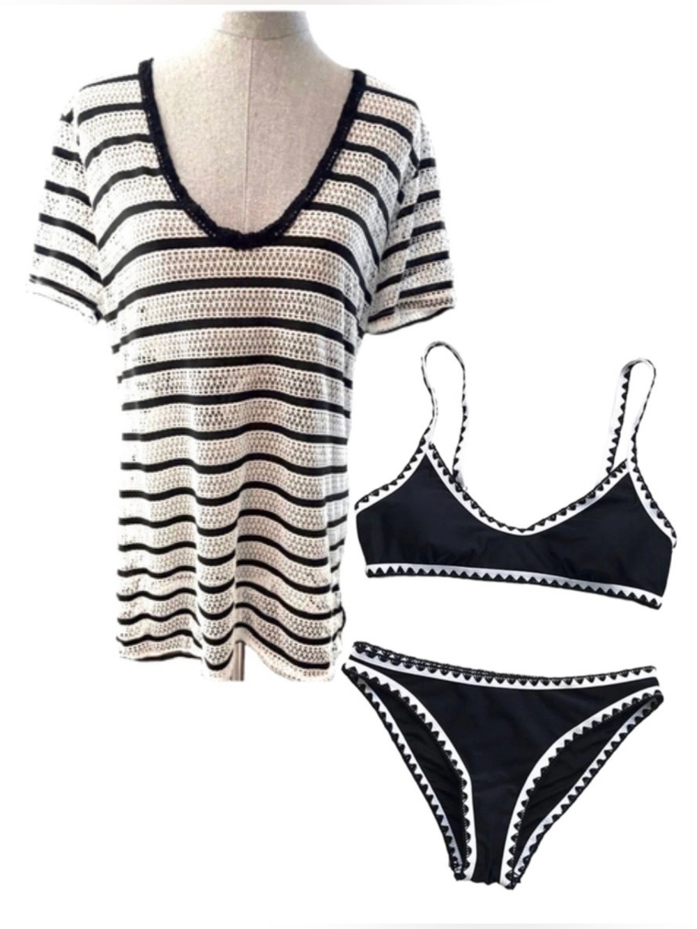 CUPSHE Black & White Crochet Trim Bikini & Matching Crochet Cover-Up 3-Piece Set